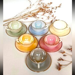 Arcopal pastel gold rimmed glass tea cups set of 6, vintage